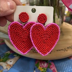 New Beaded Red & Pink Heart Drop Earrings